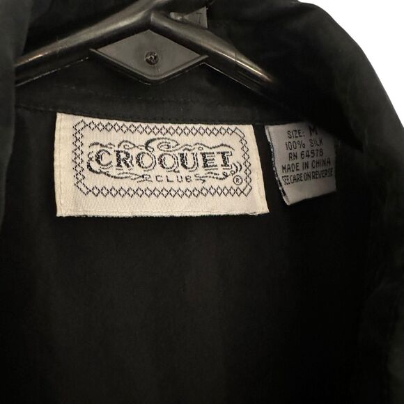 Croquet Clue Black 100% Silk Sleeveless Western Fringe Button Up Blouse Size M - Picture 6 of 7